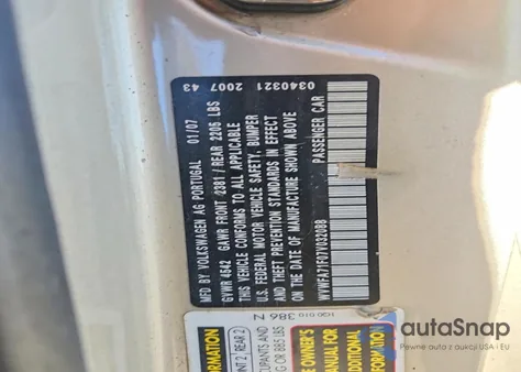 2007 Volkswagen Eos 2.0T Luxury from USA, damaged, VIN WVWFA71F07V032088